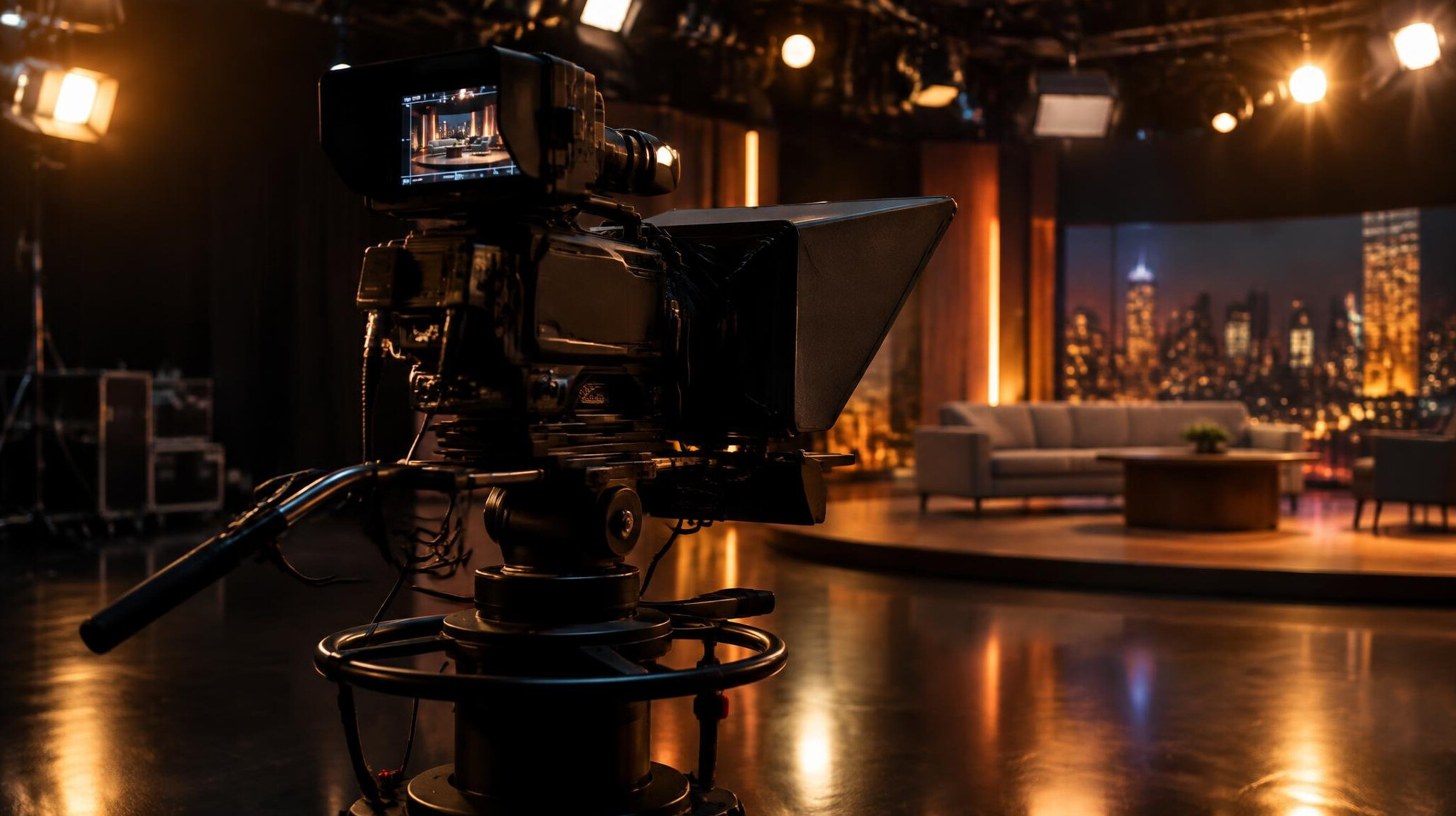 Professional television studio camera under studio lights
