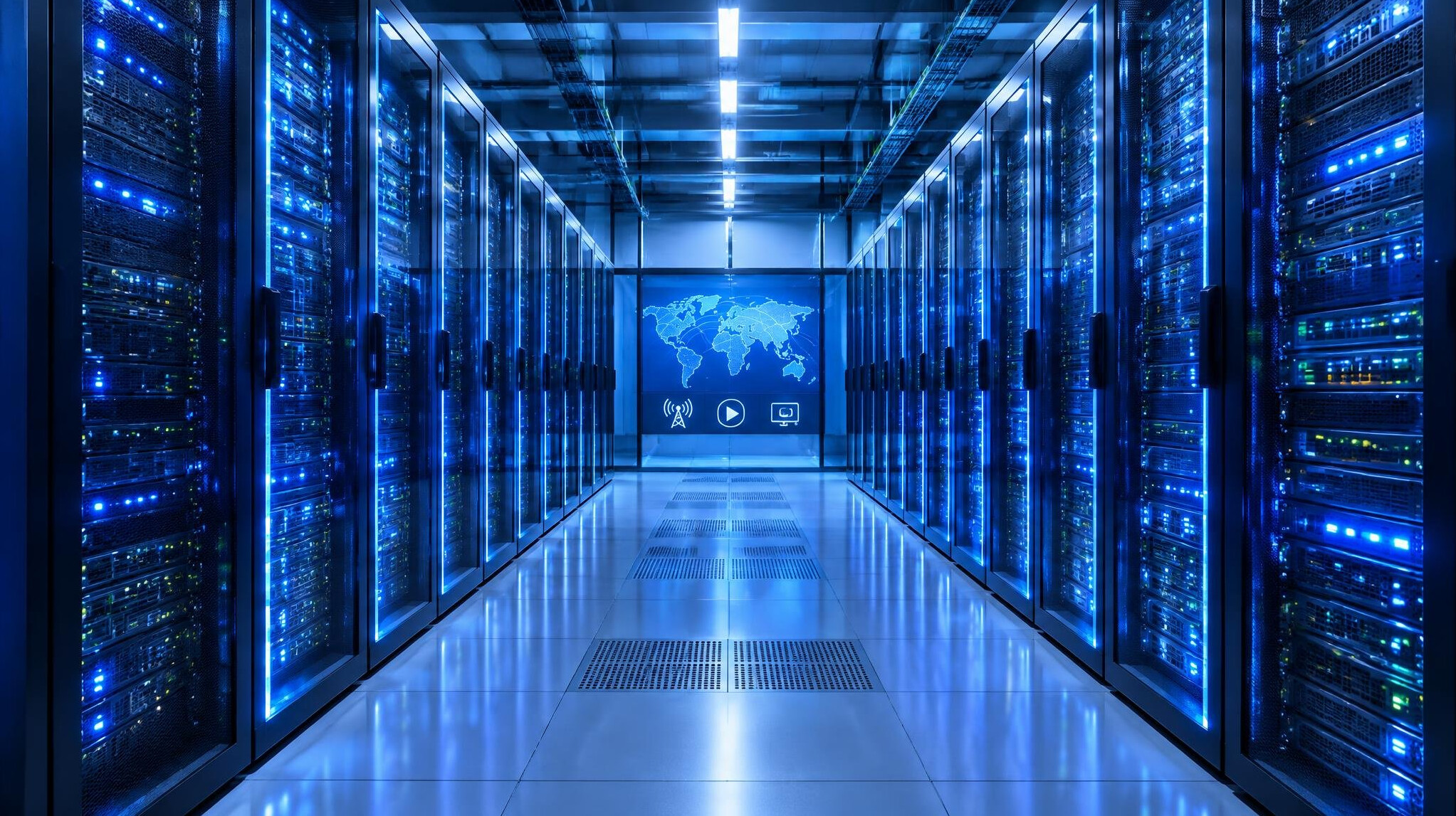 Server racks with blue lights in a data center