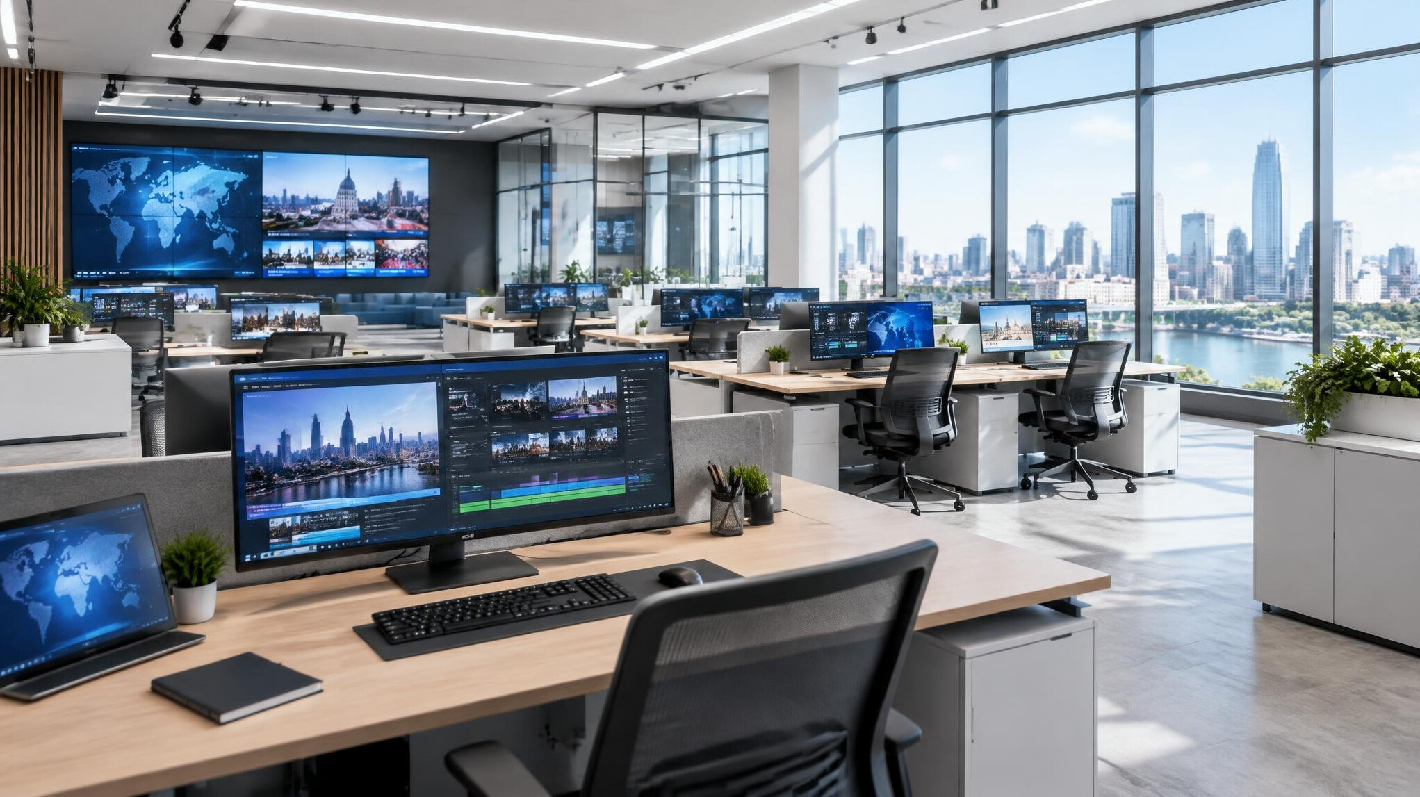Bright modern open office with large windows