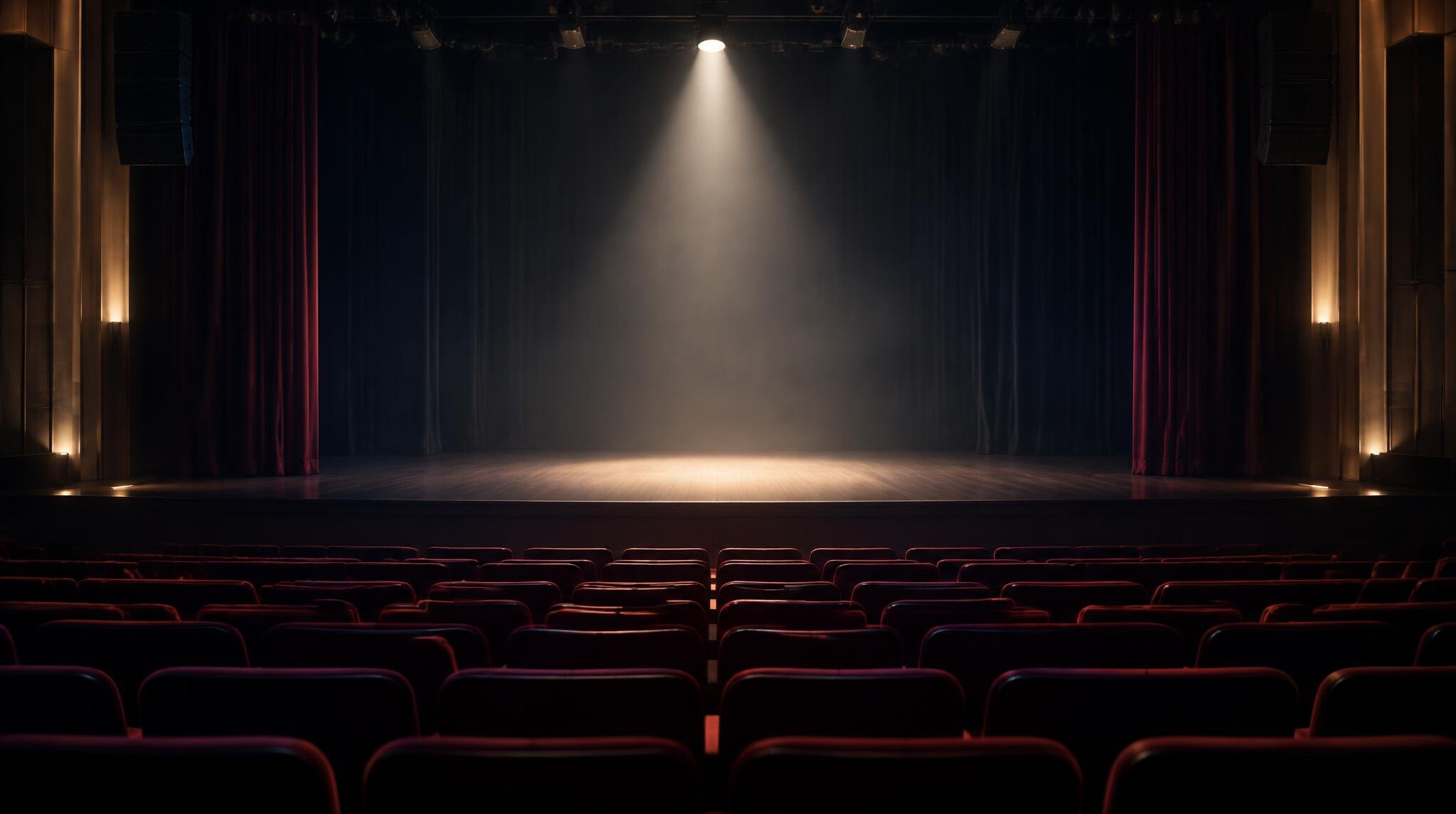 Empty theatre stage with red seats and spotlight